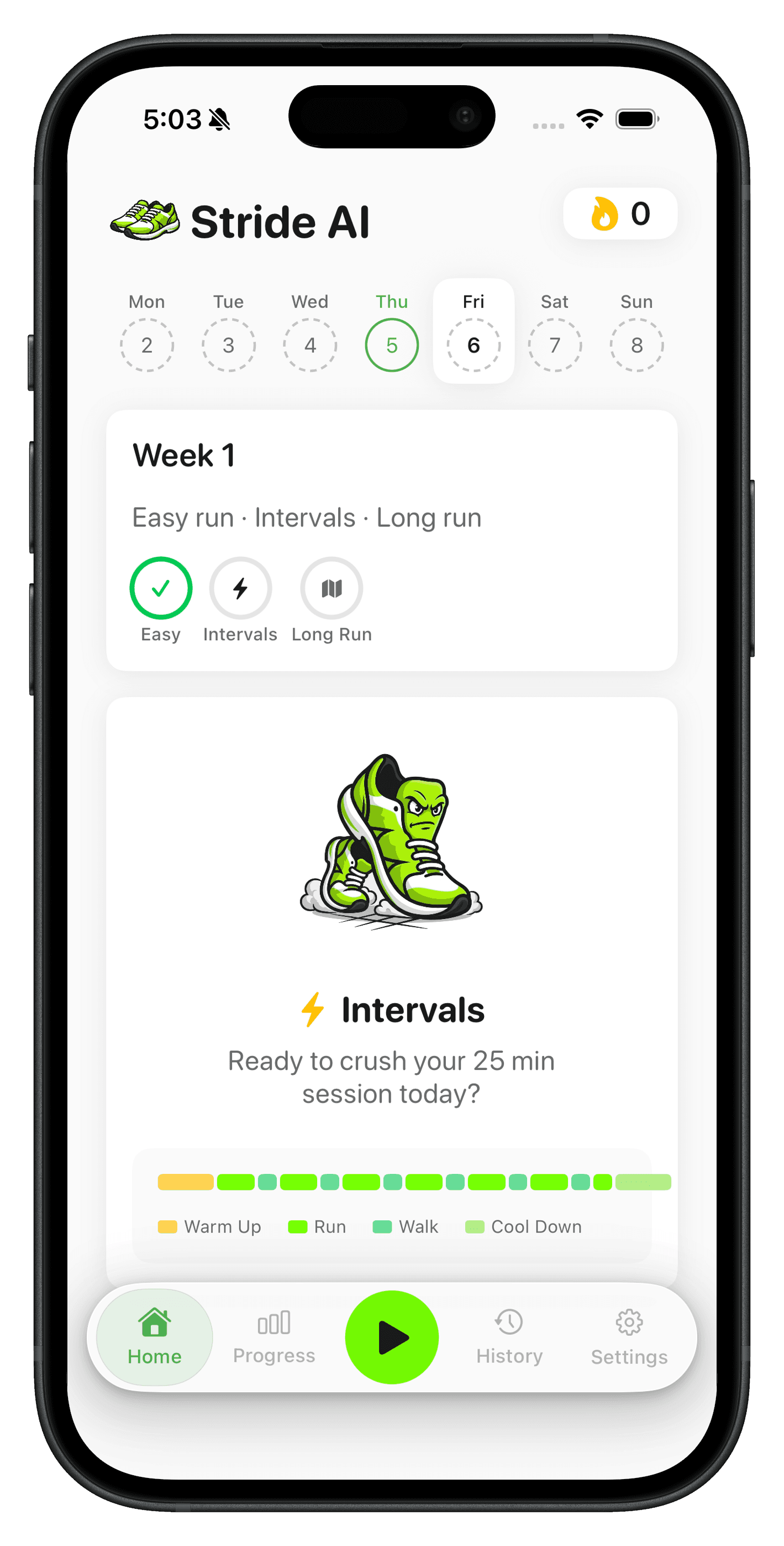 Stride AI active run screen